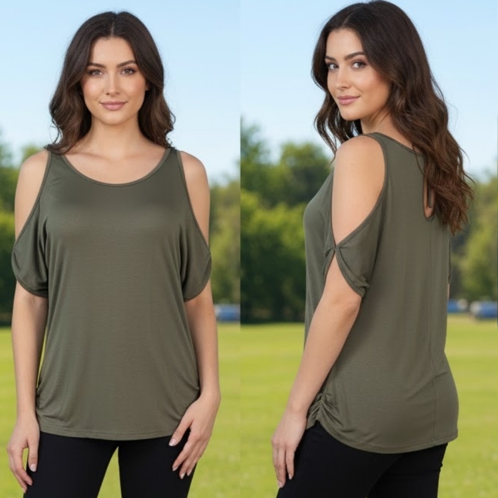 Olive Green Cold Shoulder Top Womens Size Large Soft Stretchy Rayon Keyhole Back